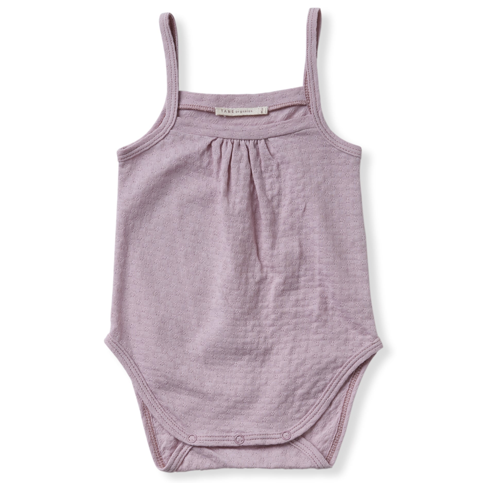 lavender pointelle tank onesie with gentle snaps. 100% organic cotton.