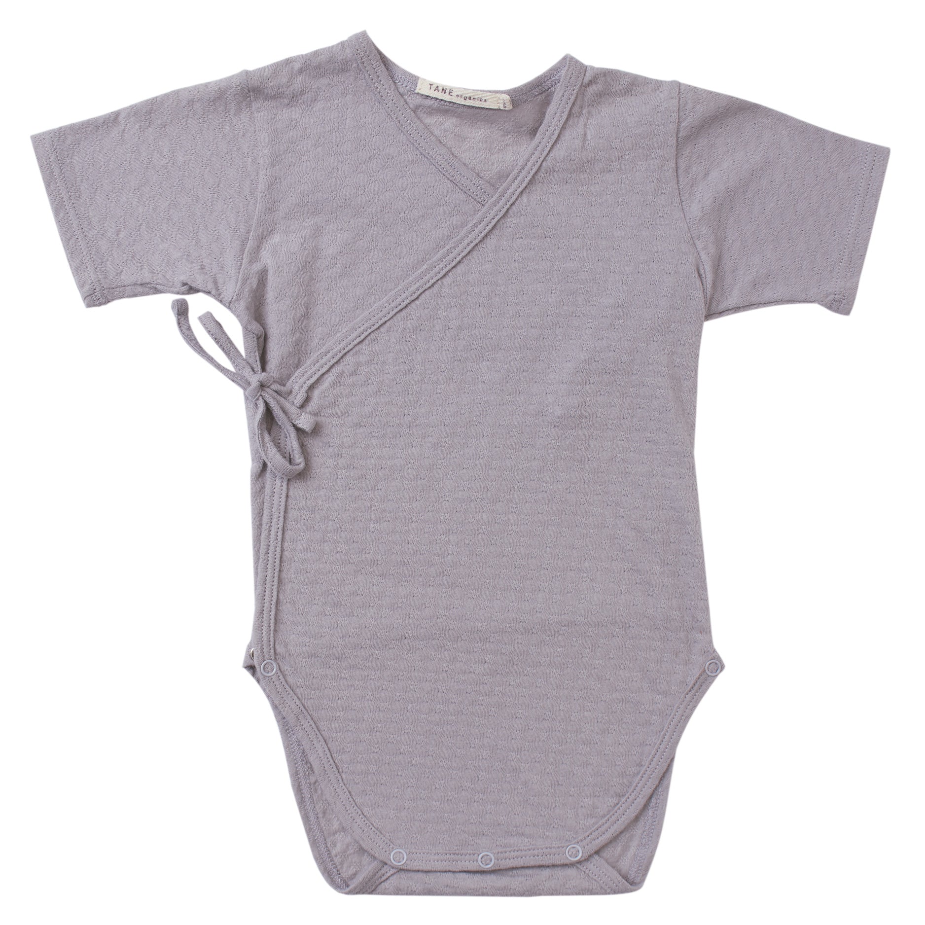 cool grey pointelle short sleeved double front kimono wrap onesie.  100% organic cotton.