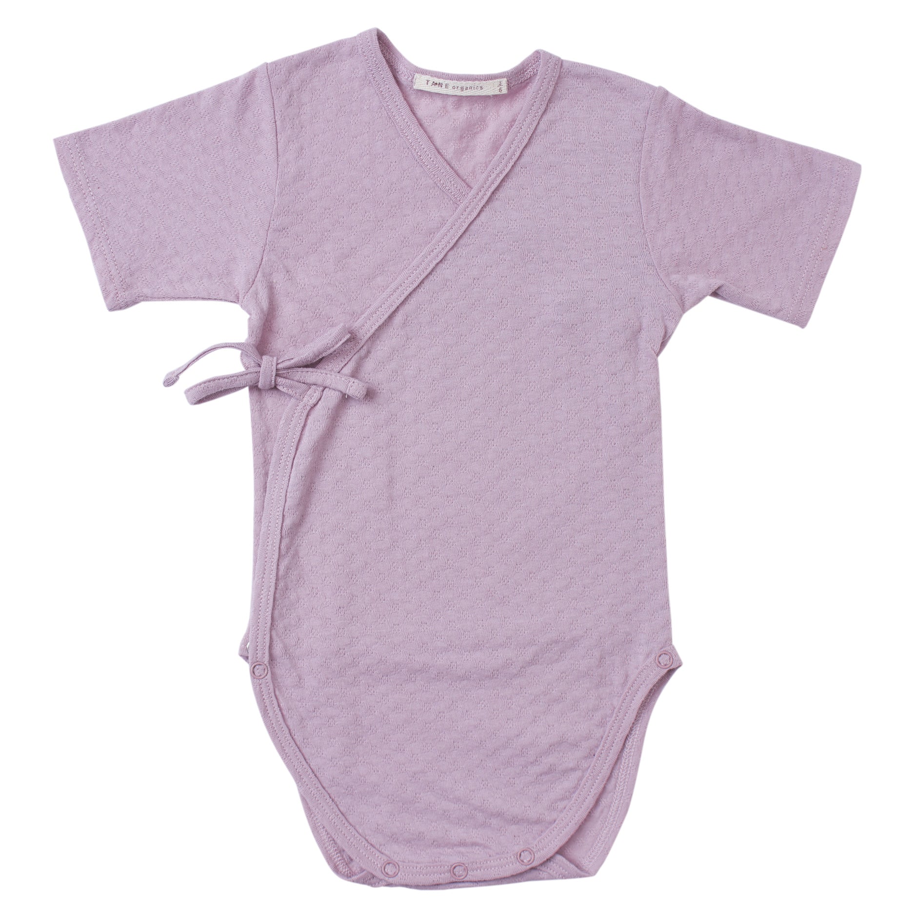 lavender color pointelle short sleeved double front kimono wrap onesie.  100% organic cotton.