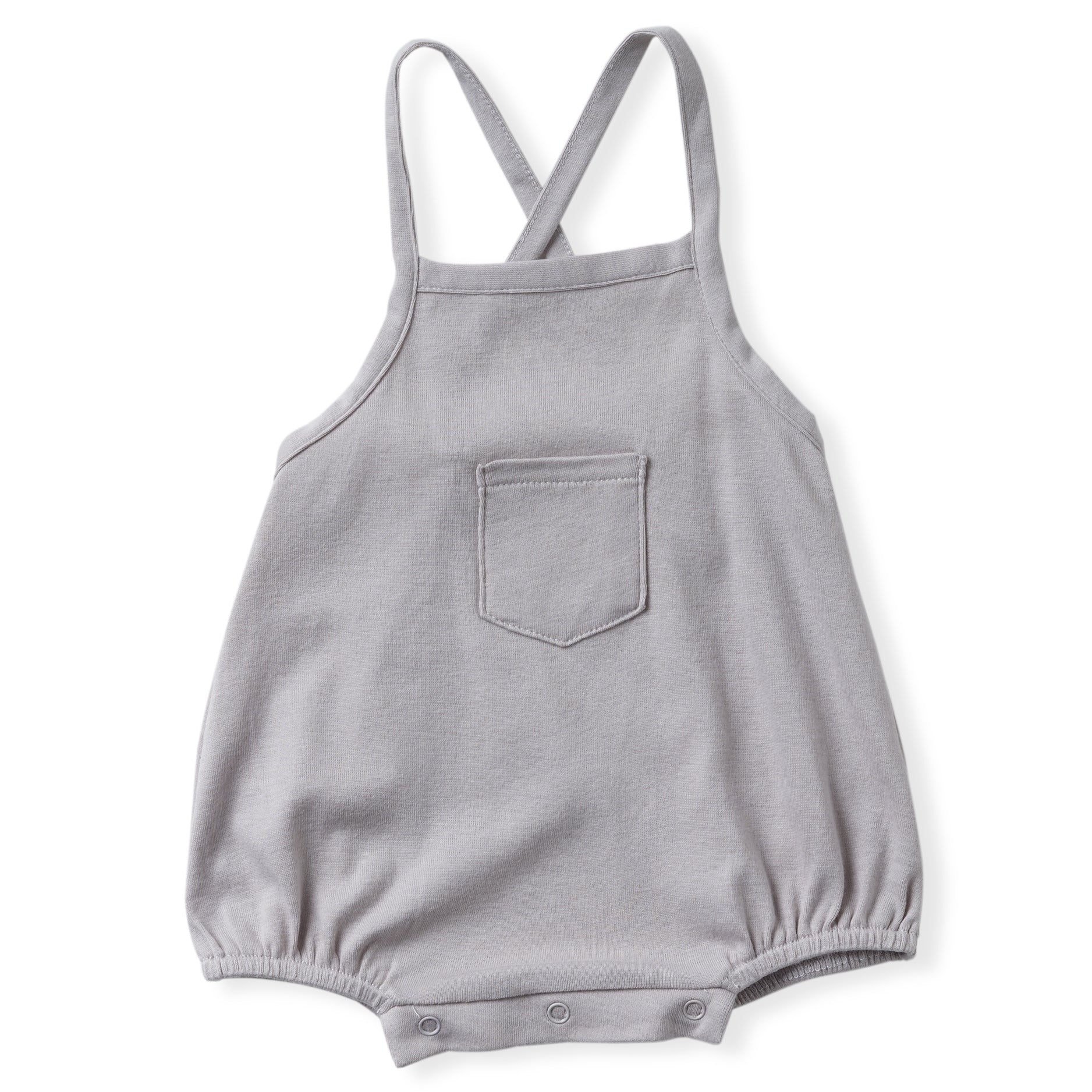 cool grey cross back tank romper with one front pocket and soft encased elastics at leg opening.  100%  organic pima cotton ribbed knit.