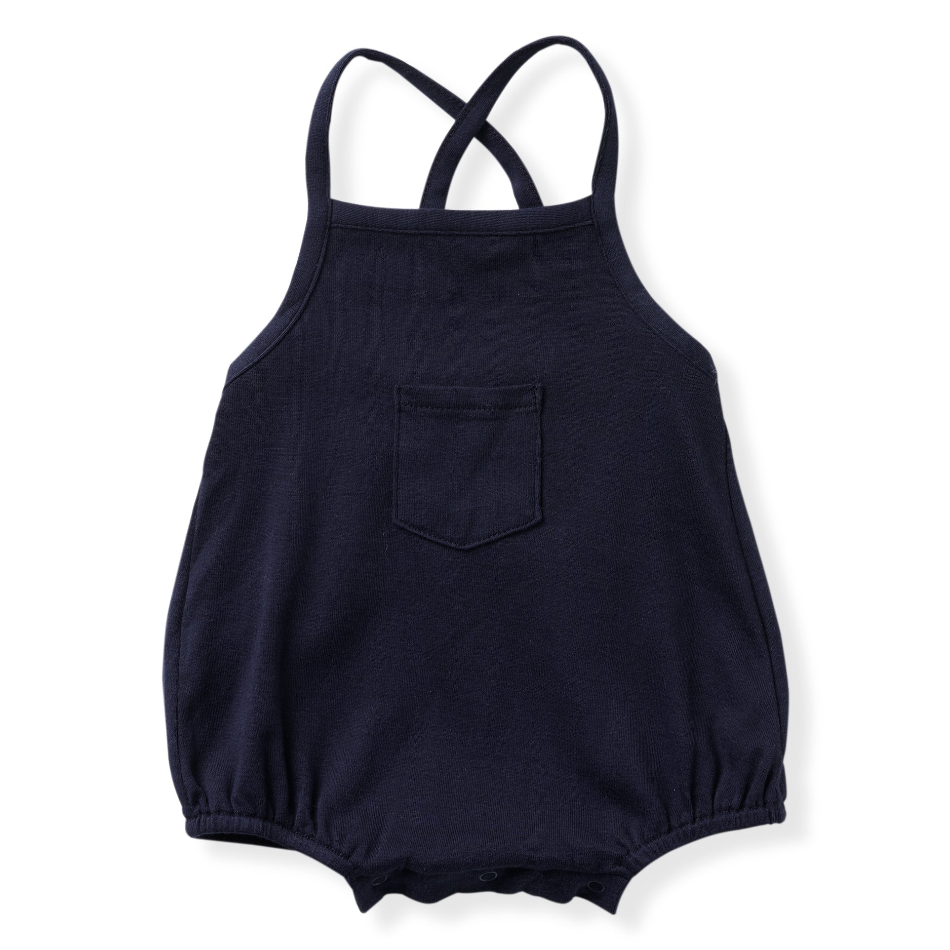 navy cross back tank romper with one front pocket and soft encased elastics at leg opening.  100%  organic pima cotton ribbed knit.